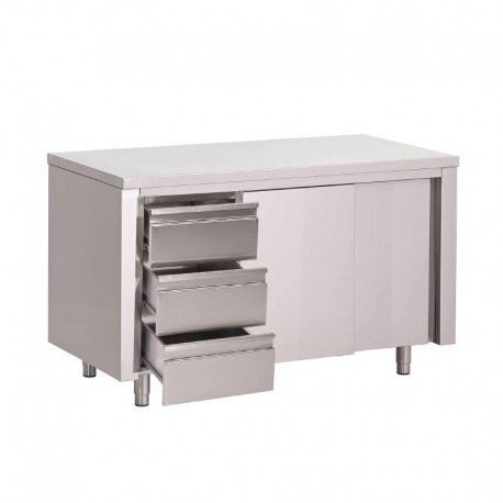 Gastro M RVS werktafel met schuifdeuren en 3 laden 85x140x70cm