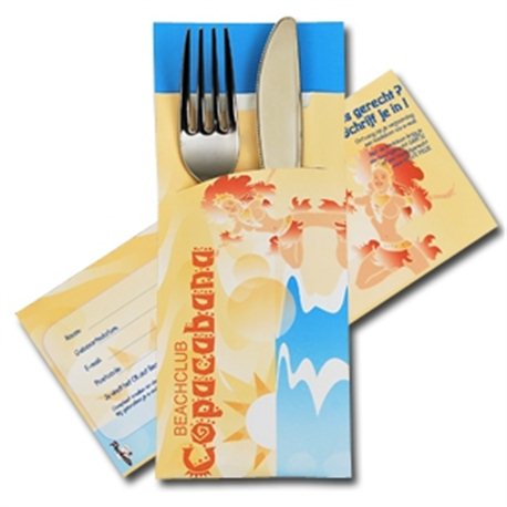 Bedrukte Pochette + 33x33 cm, 2L servet (keuze uit 19 kleuren)