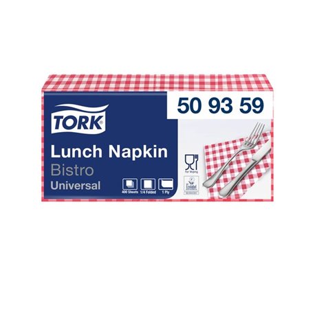 Servetten Tork 509359 1-laags 32x32cm rood/wit geblokt 400st. 1/4 vouw