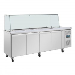 Polar U-serie vierdeurs saladette met vierkant kuchscherm - RVS werkbank Zilver