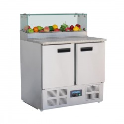 Polar G-serie 2-deurs pizza koelwerkbank met opzetkoelvitrine 256L - RVS Prepareer Counter
