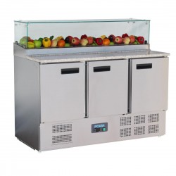 Polar G-serie 3-deurs pizza koelwerkbank met opzetvitrine 436L | RVS Prepareer Counter