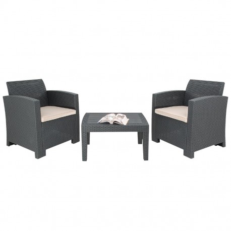 Bolero PP Fauteuil en Tafel Rieten Set Grijs – Kunststof Stoelen